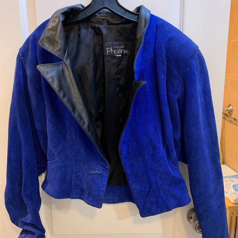 Vintage blue suede jacket w/ black leather collar